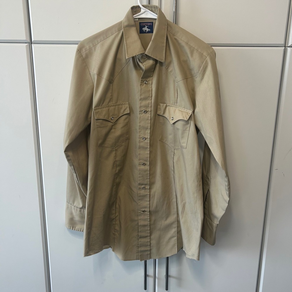 Chute‎ #1 Vintage Mens Western Pearl Snap Shirt Tan Khaki Long Sleeve Cowboy L